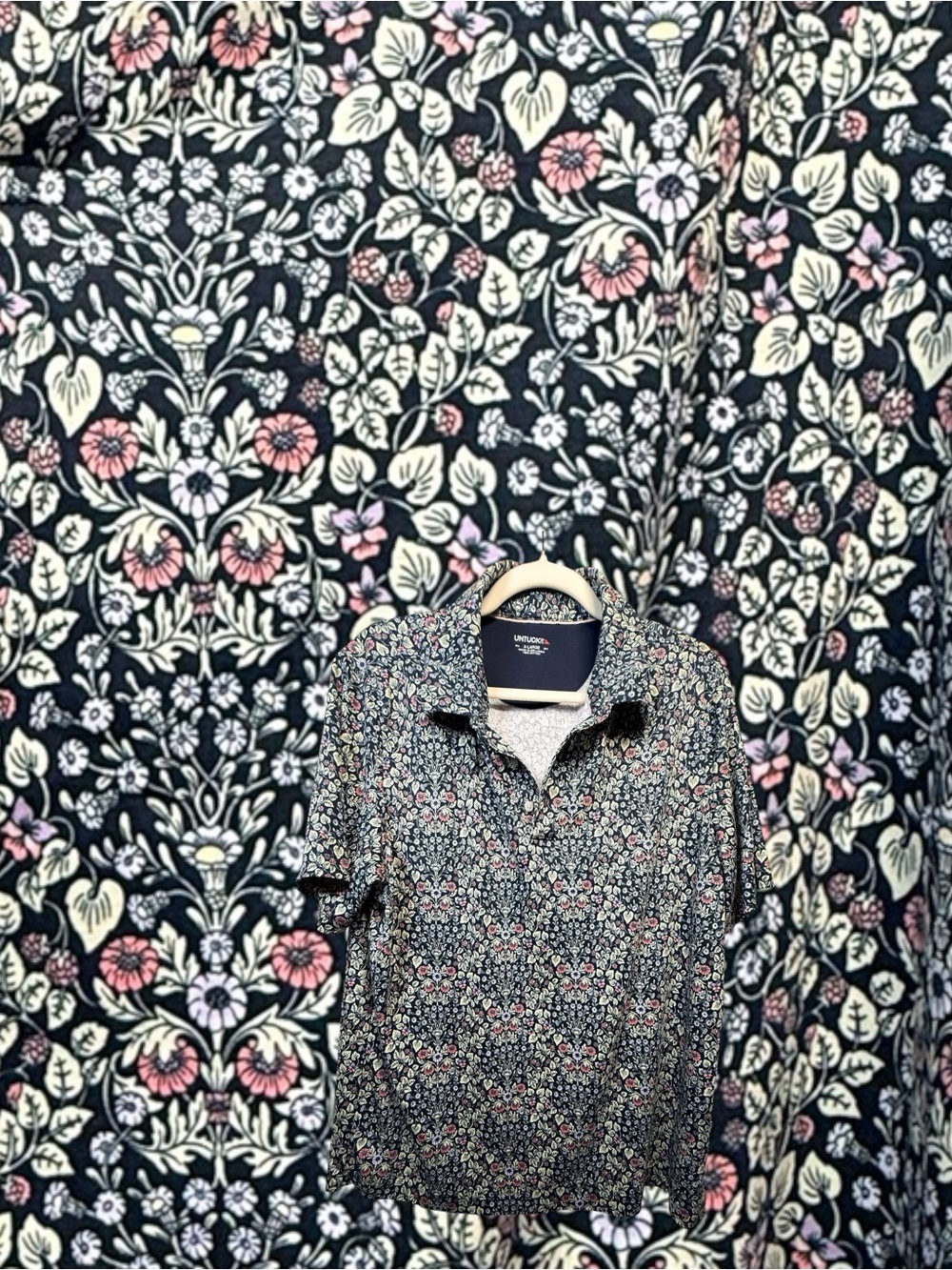 UNTUCKit Polo Shirt XL Navy Pink William Morris Inspired Cotton Short Sleeve